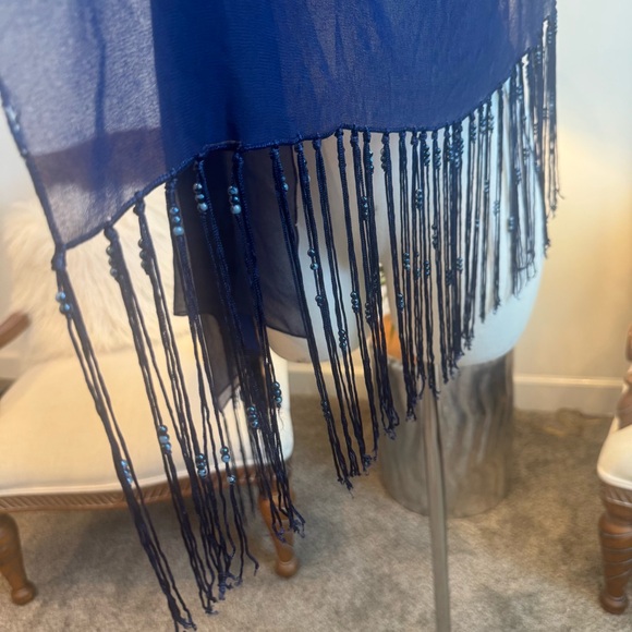 Elegant Navy Blue Sheer Shawl with Beaded Fringe Details - Picture 4 of 4